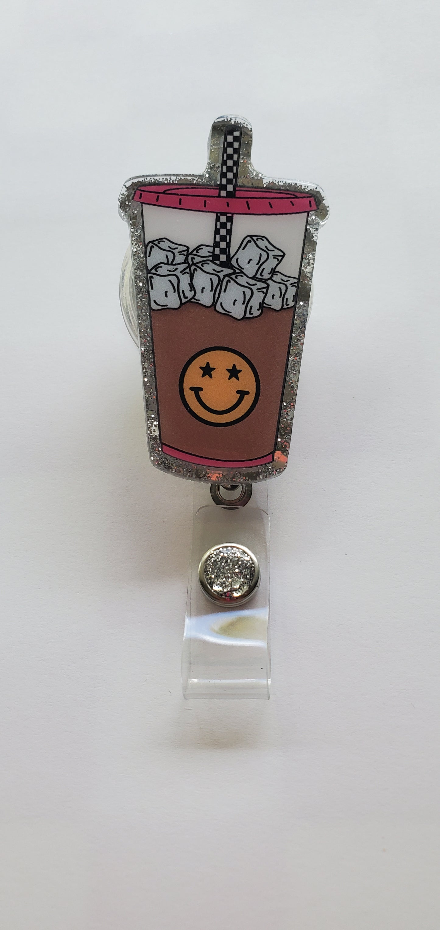 Smiley Iced Coffee Badge Reel