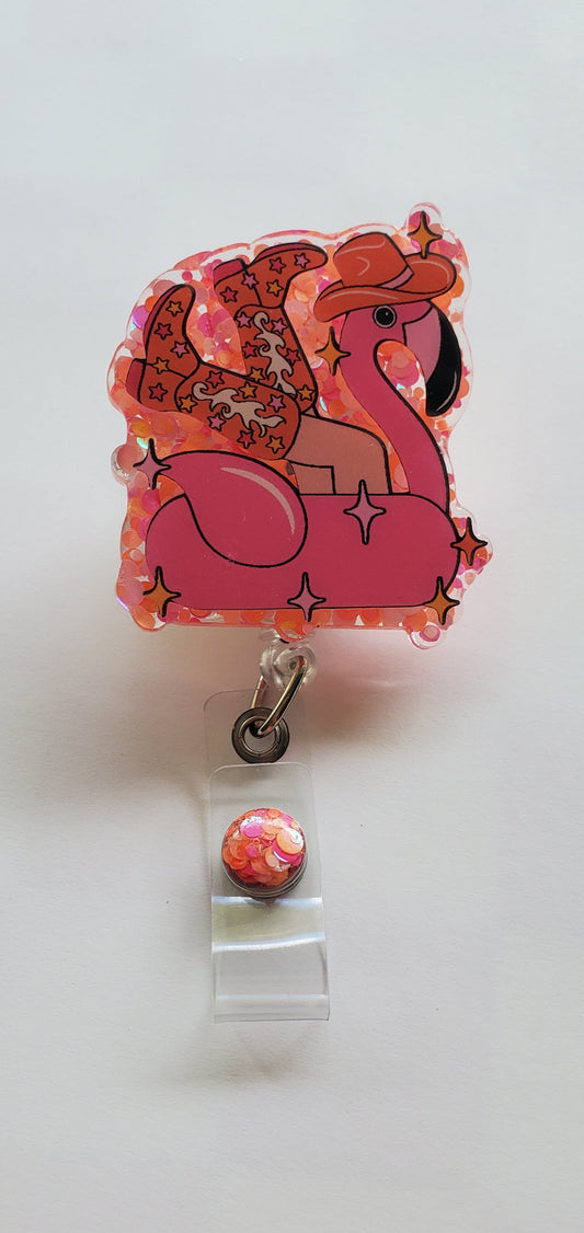 Cowgirl Boot Flamingo Badge Reel
